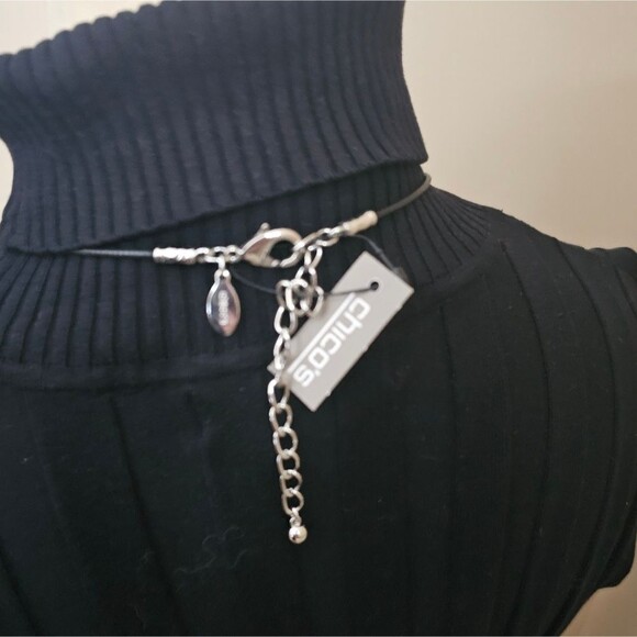 NEW Chico’s Long Black Leather Silver Tassel Necklace 13" Long plus Tassel - Picture 2 of 8